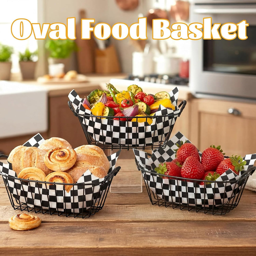 24 Pack Metal Bread Basket Set with 100 Plaid Liners Wire,Black