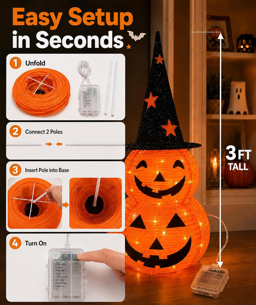 3FT Prelit Halloween Pumpkin Decoration, Pop Up Jack-o-Lantern