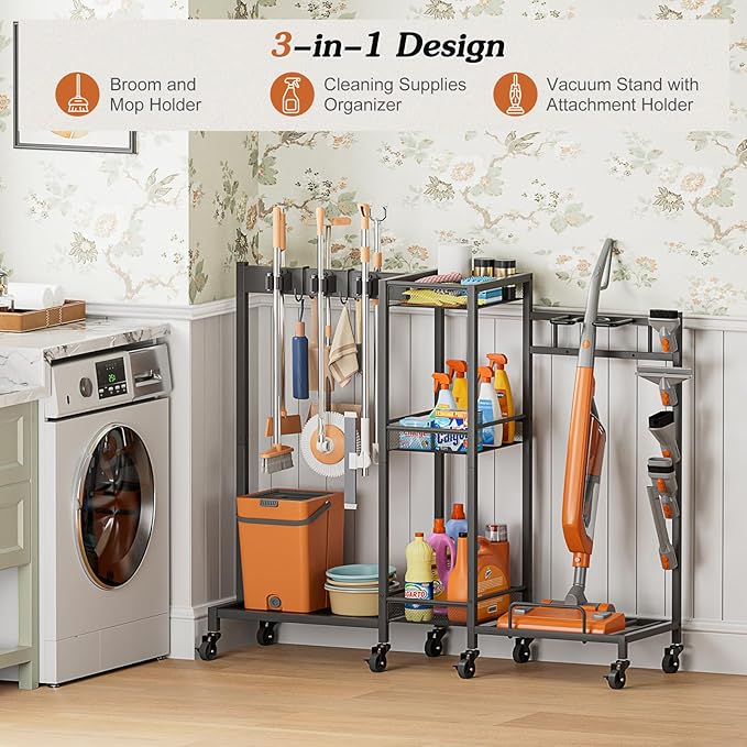Broom Holder with Cleaning Supplies Organizer, Broom Closet Storage Cabinet