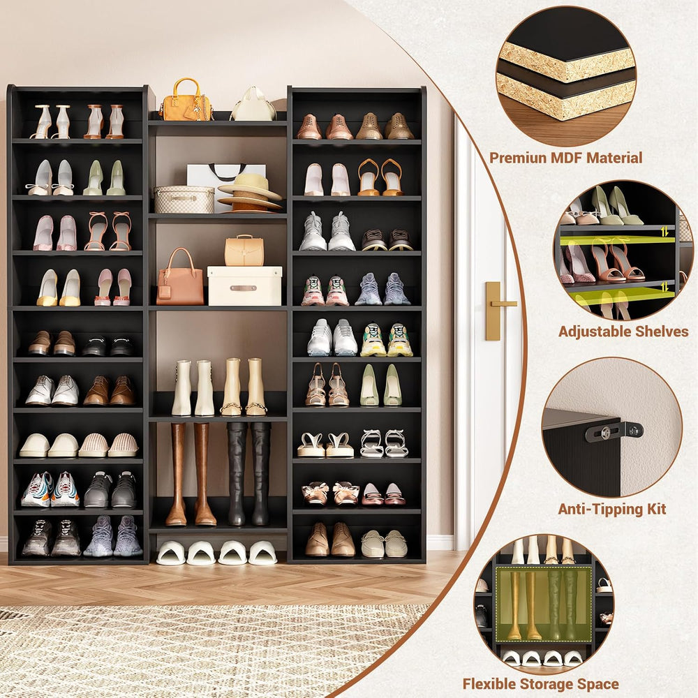 Unikito 14-Tier Wood Shoe Storage Cabinet with 22 Open Cubbies, Black