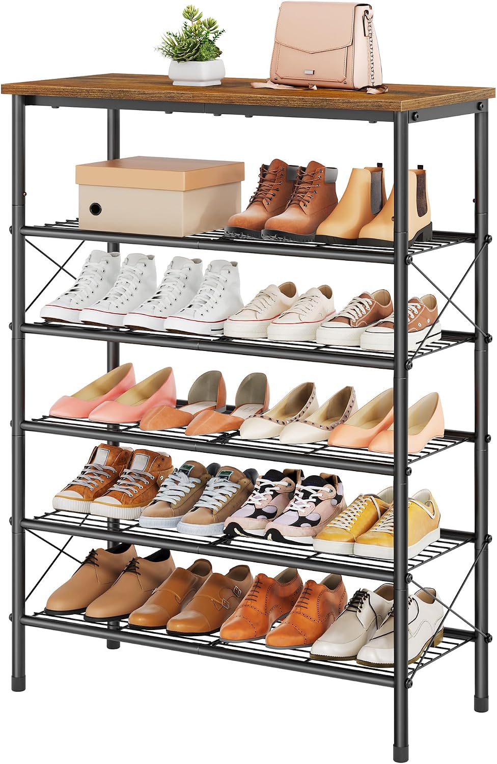Tajsoon 6 Tier Shoe Rack for 20-24 Pairs of Shoes, Rustic Brown & Black