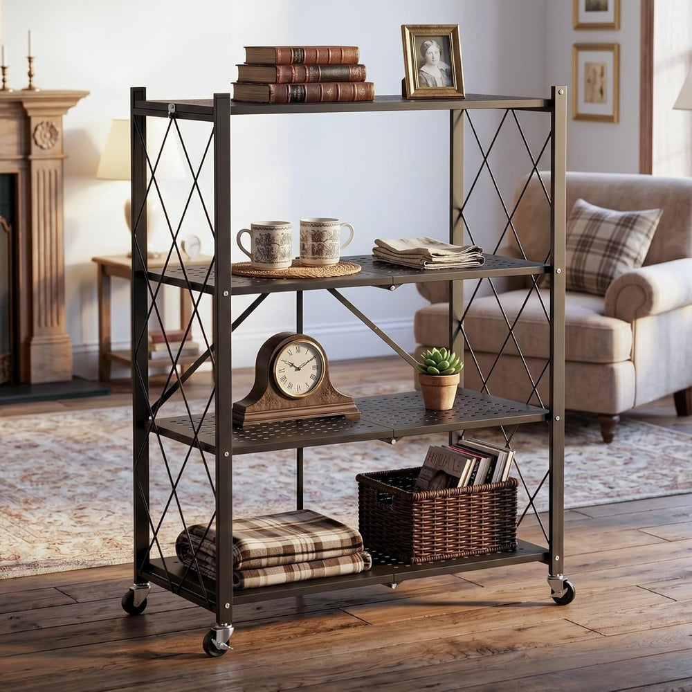 4-Tier Foldable Storage Shelves with Wheels (Black)
