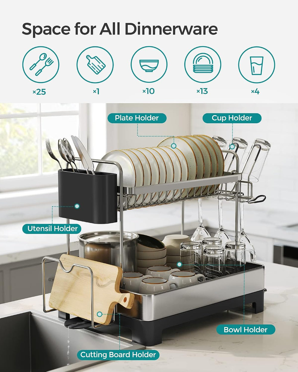 SONGMICS 2 Tier Dish Drying Rack for Kitchen Counter