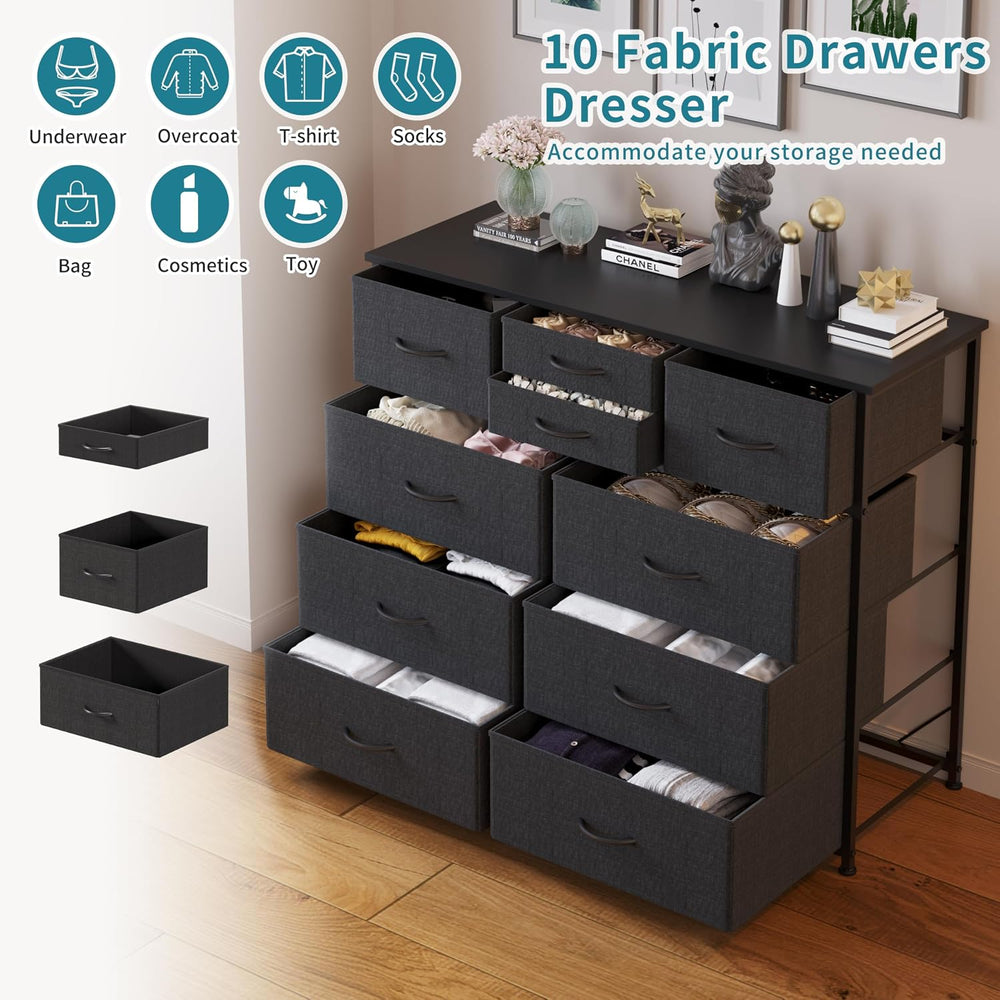 LUMTOK 10 Drawers Dresser with Fabric Bins for Bedroom,Closets，Dark Gray