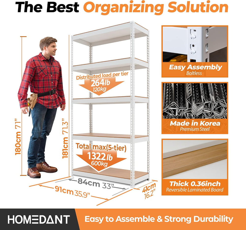 White 35.9" W 5 Tier Storage Shelves Garage Shelving Unit Metal