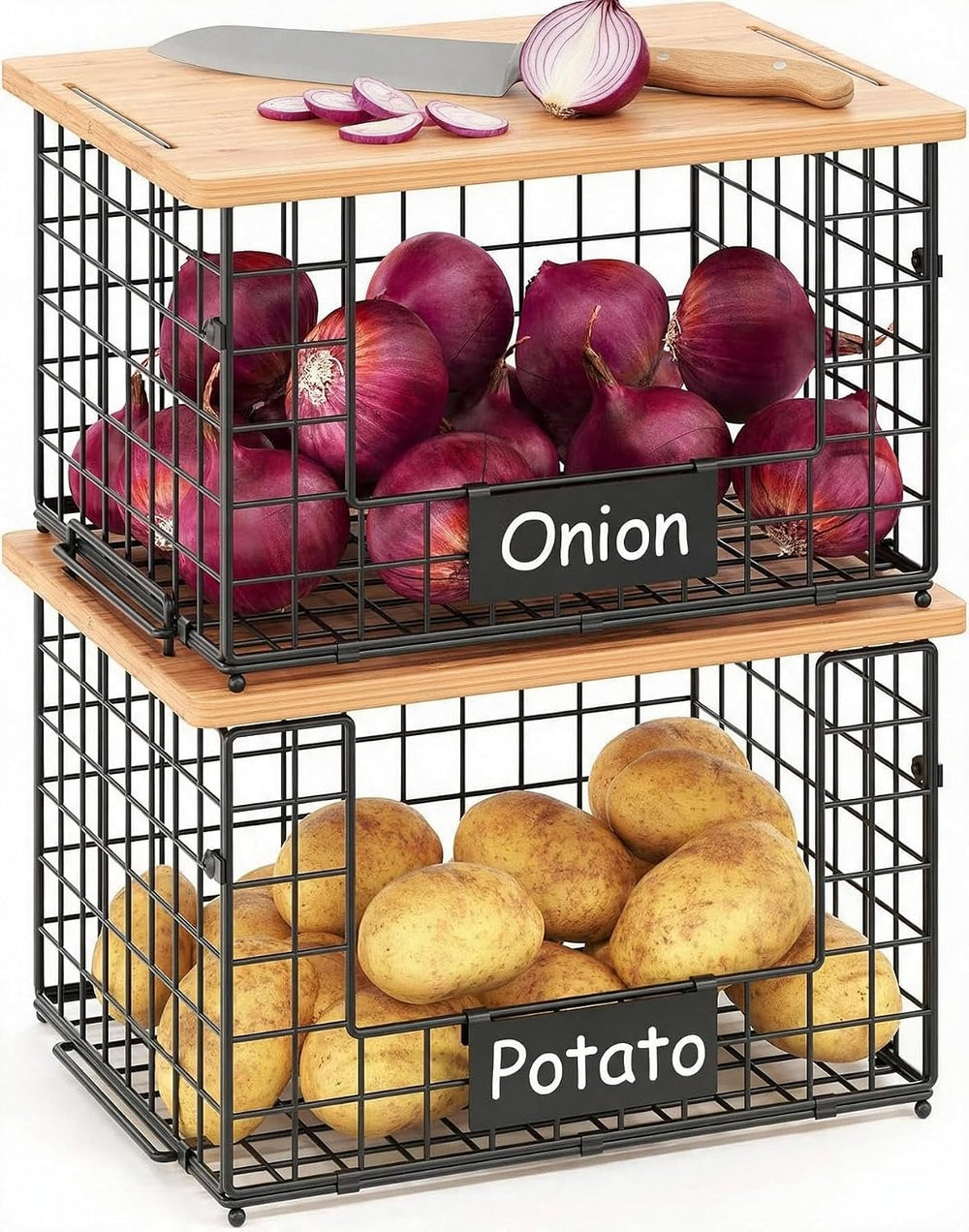 2-Pack Stackable Wire Baskets with 2 Pads & Bamboo Top, Pantry Organizer