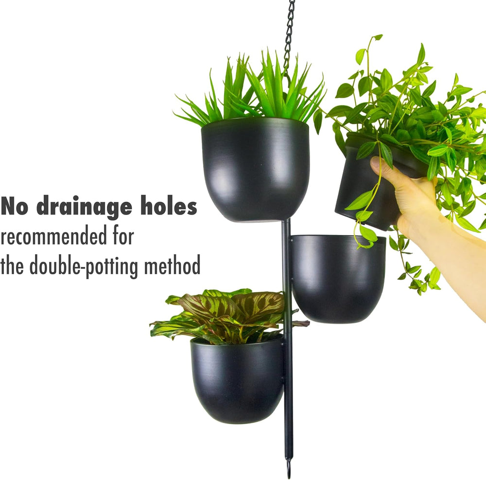 3-Tier Metal Hanging Planter with 6 Inch Oval Pots - Black Modern Triple Tier...