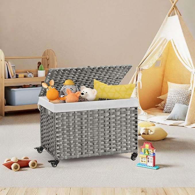 Rolling Storage Basket with Lid, 47.6 Gallon Storage Bin with Wheels, Woven