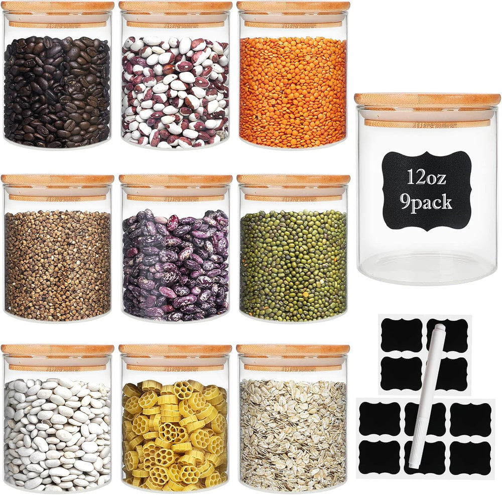 DHSBTLS 9 Pack 12 oz Glass Jars with Airtight Bamboo Lids for Kitchen
