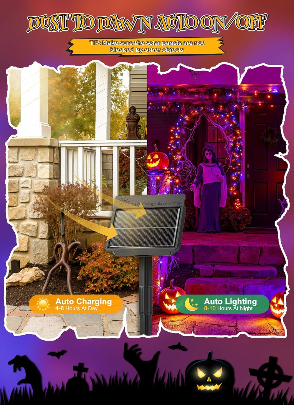 Brightown 4 Pack Solar Halloween Lights, 184FT 480 LED, Orange and Purple