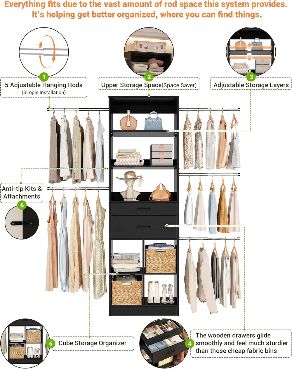 Besiost Small Closet System, 3.2-6.8FT Small Closet Organizer with 5 Hanging ...
