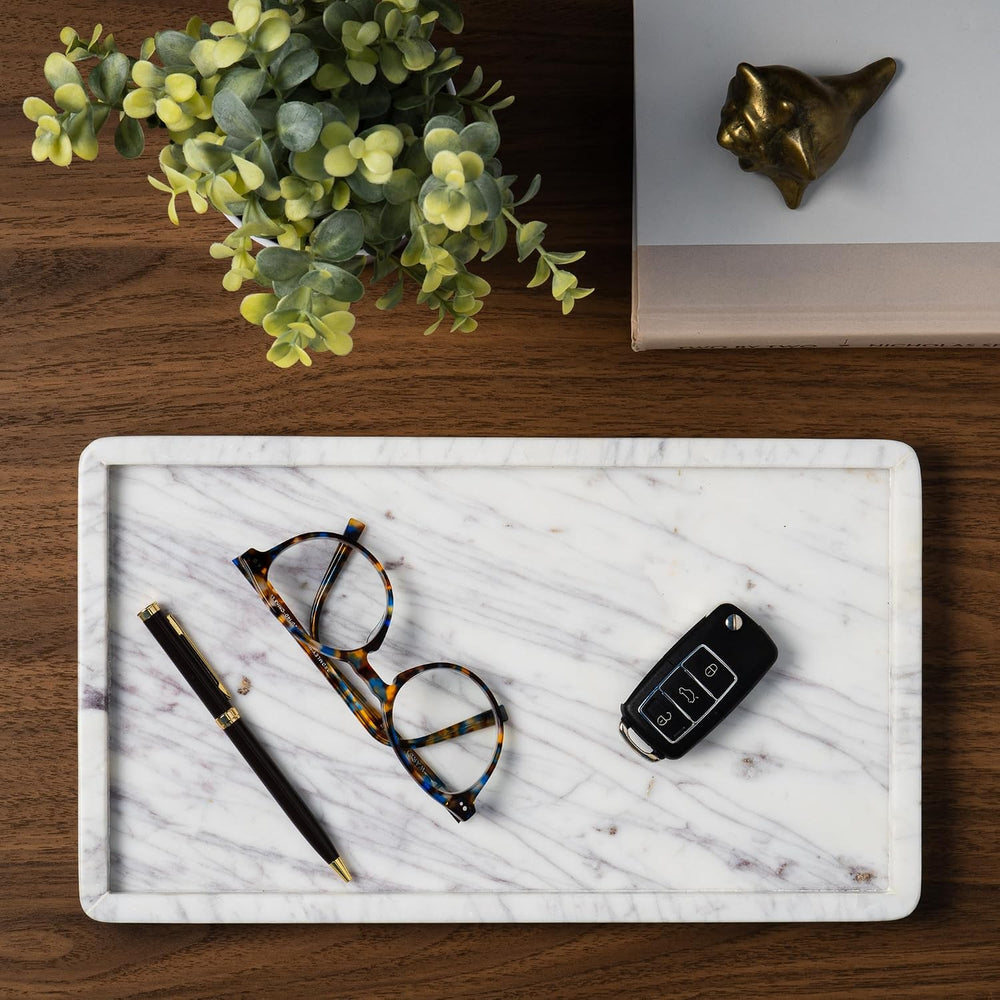 Marble Tray for Bathroom Vanity, White, Large 13 x 7.5 Inch