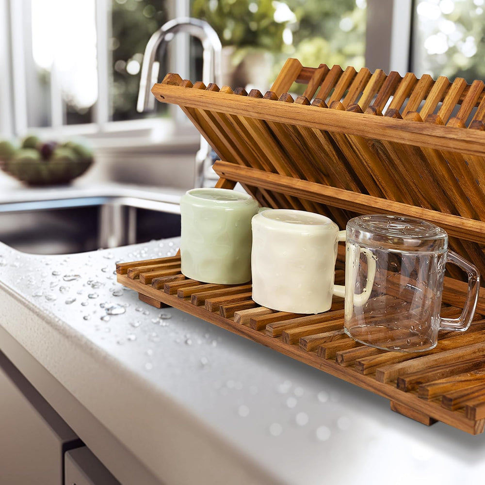 Utoplike Large Teak Dish Drying Rack, Wood Collapsible Organizer for Plates