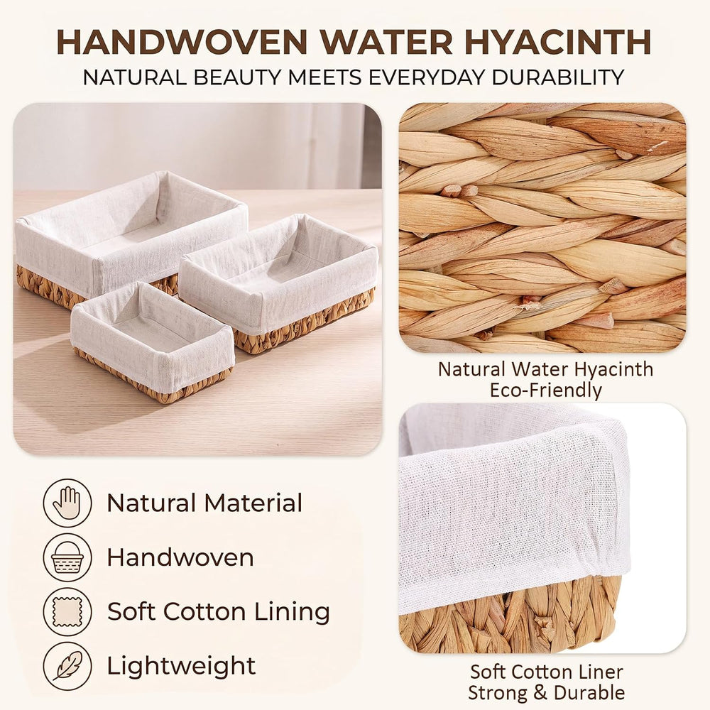 3 Pcs Wicker Storage Baskets with Liner, Water Hyacinth Rattan Baskets