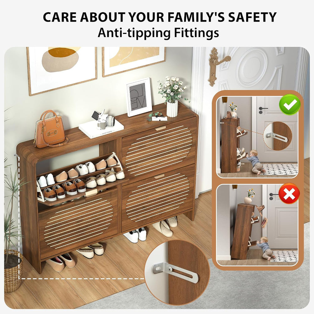 Narrow Shoe Storage Cabinet for Entryway with 4 Flip Drawers, Curved Edge Sho...