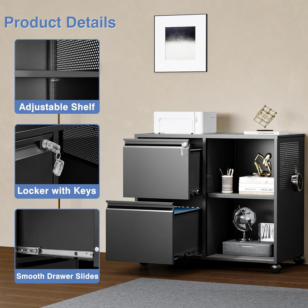 Mobile File Cabinet with Side Hook, 2 Drawer Lateral File Cabinet with Lock f...
