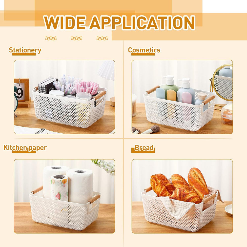 Tioncy 4 Pcs White Mesh Baskets with Wooden Handles Plastic Storage Organizer...