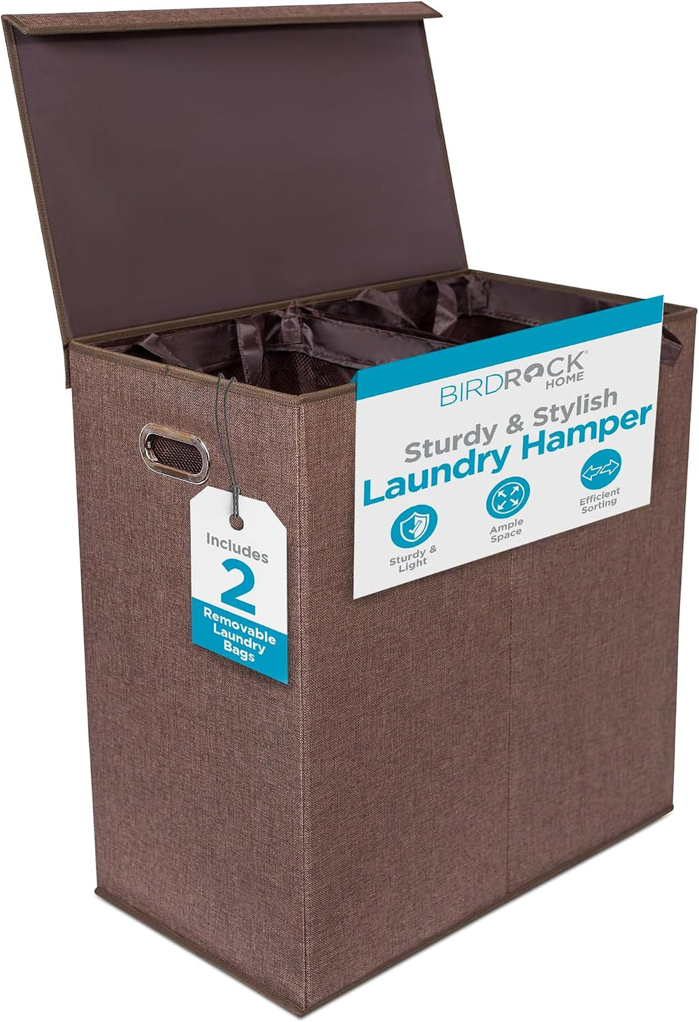 BIRDROCK HOME 13Gal Tall Double Laundry Hamper with Lid, Brown, 25.75”