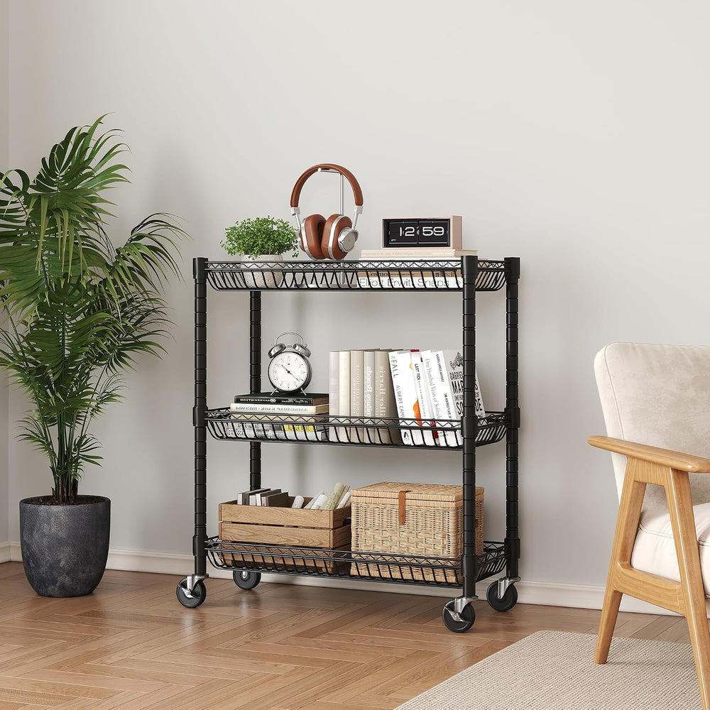3-Tier Rolling Storage Shelves with Wire Baskets,30 x 13.5 x 30in
