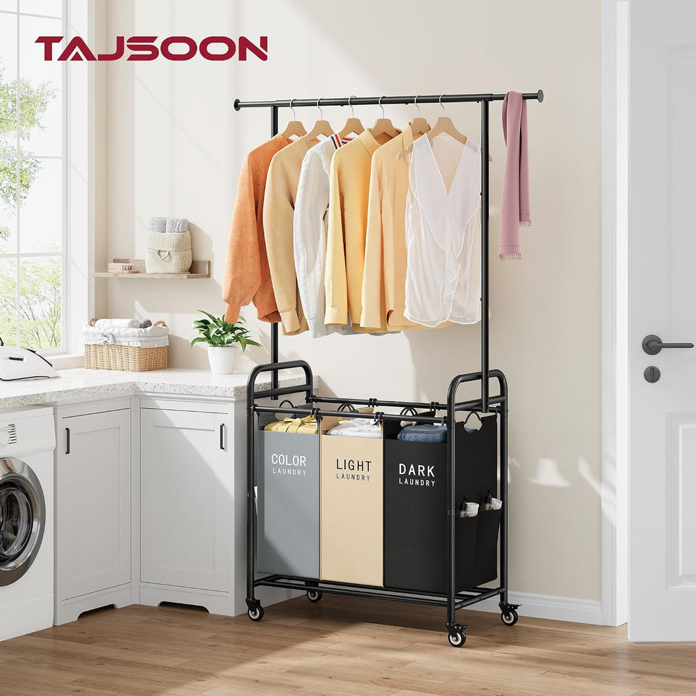 Tajsoon Laundry Sorter Cart with Hanging Clothes Rack, 3 Section, 3 Colors