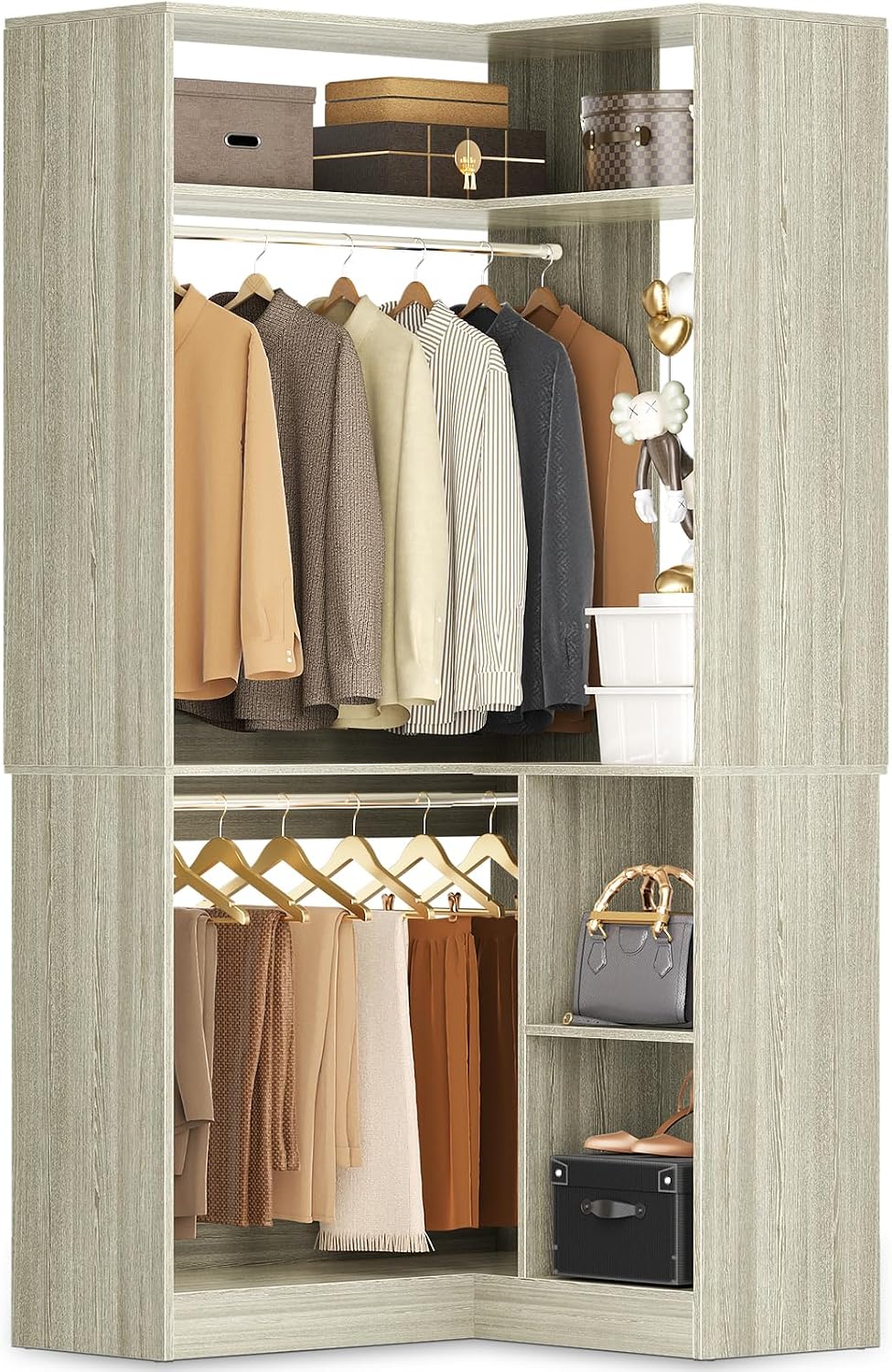 Aheaplus Corner Closet System with Shelves, L Shaped Closets, White Oak
