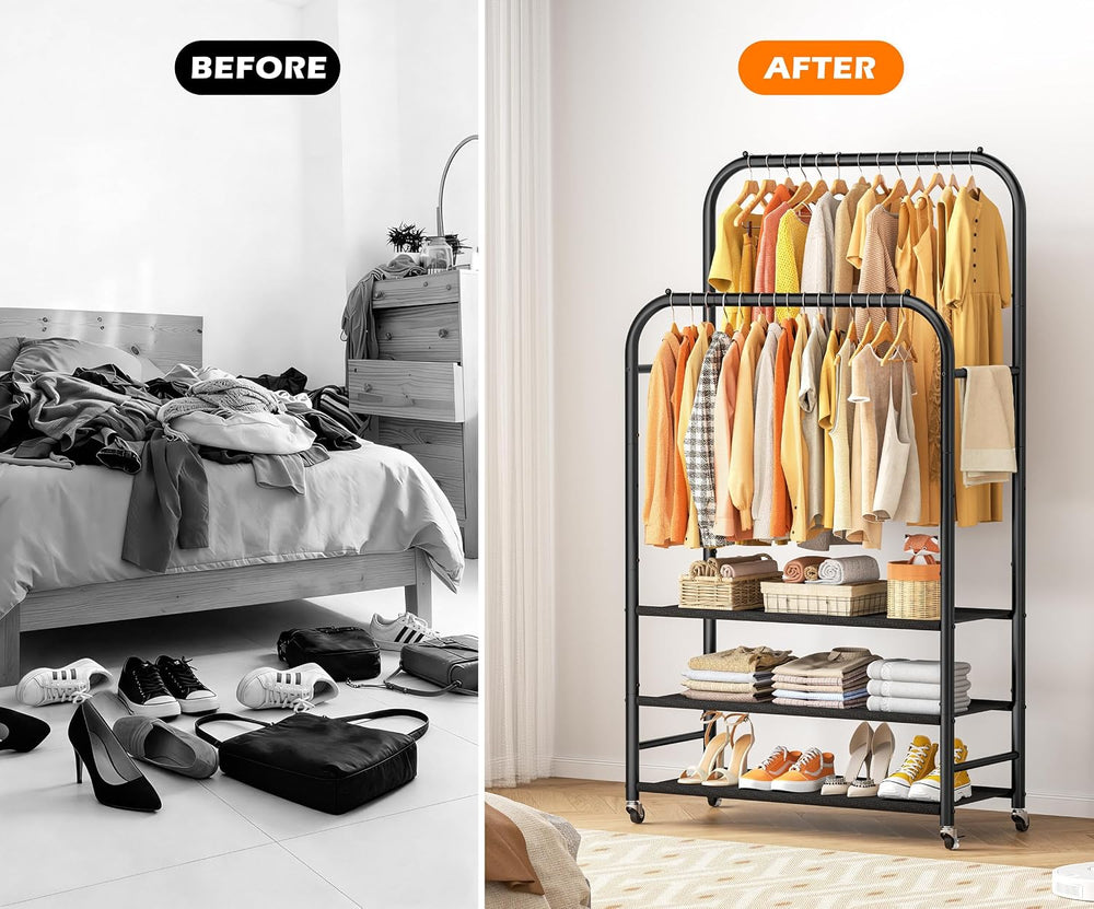 HOMIDEC Clothes Rack,Double Rods Clothing Rack with 3 Tier Shelve&Wheels