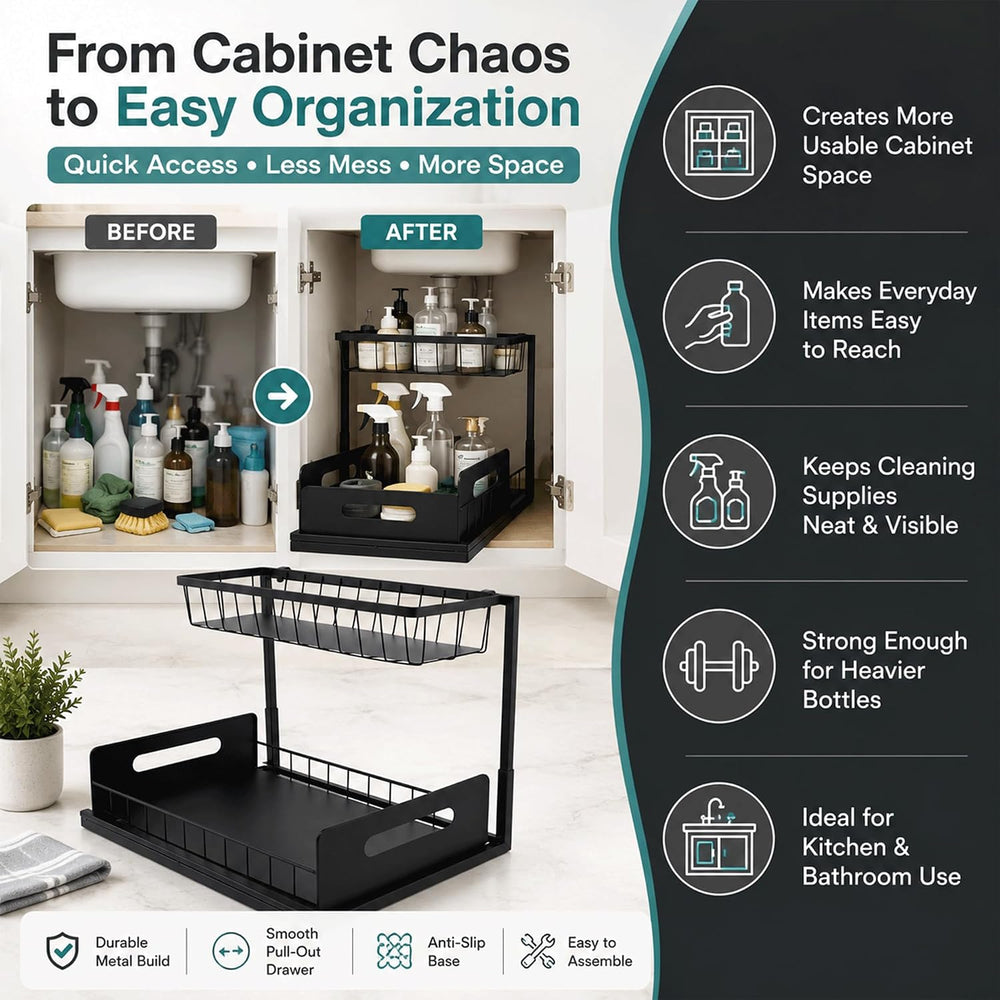 2-Tier Under Sink Organizer, Pull-Out Cabinet Storage Rack, Black, Adjustable...