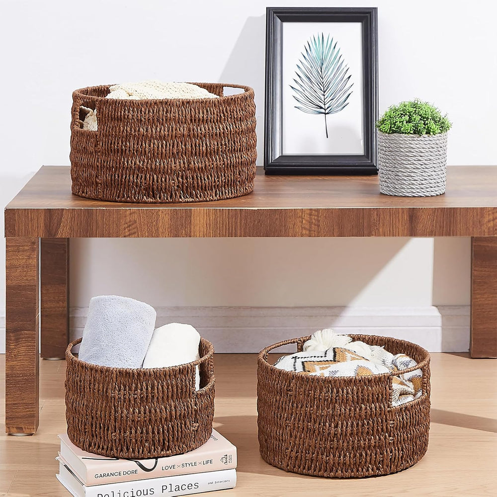 Vagusicc Wicker Storage Basket, Hand-Woven Paper Rope Large Round Woven Baske...