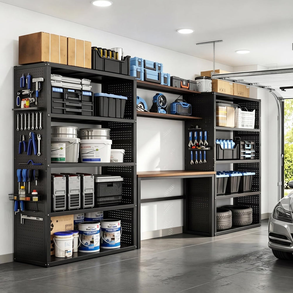 FLEXIMOUNTS 142" Garage Storage System with Workbench & Pegboard, Black