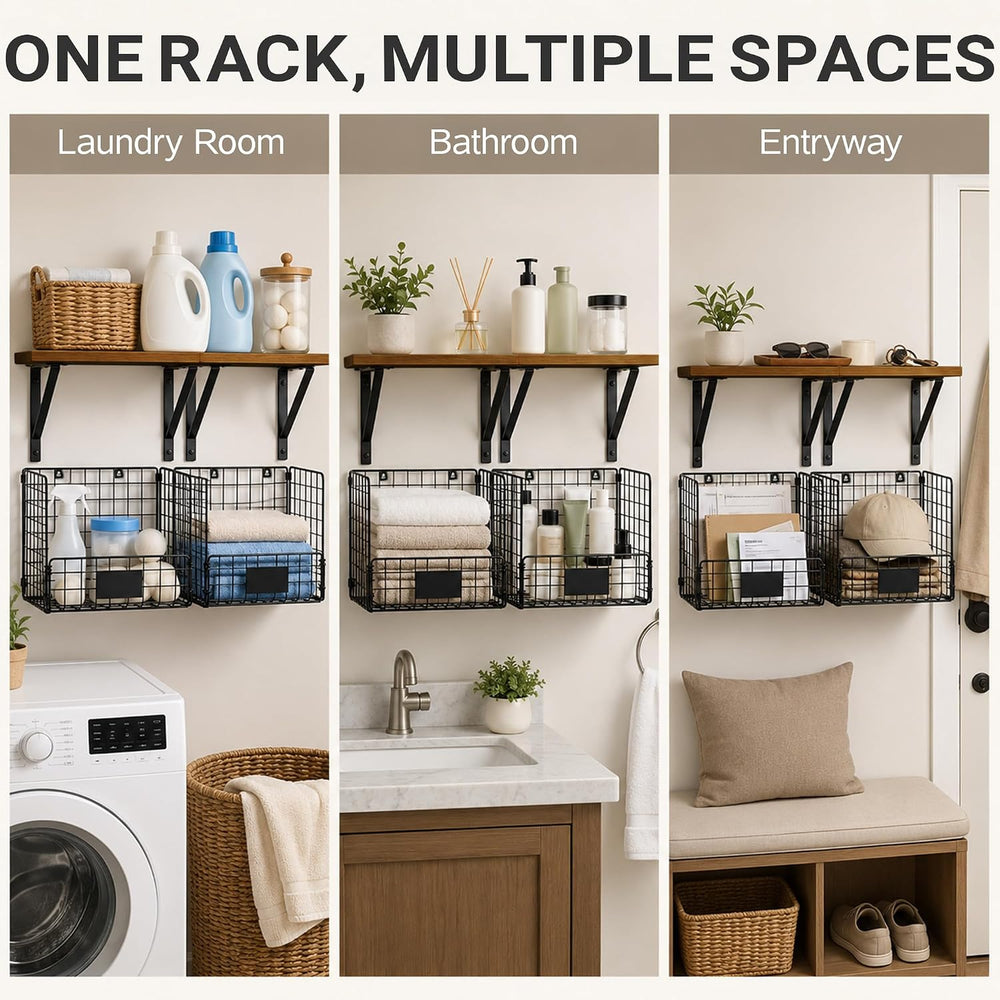 2 Pack Laundry Room Shelves Wall Mounted with Wire Mesh Baskets