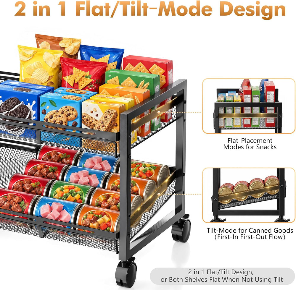 Upgrade 2-Tier Expandable Rolling Pantry Storage Cart with Wheels Tilt‑Mode
