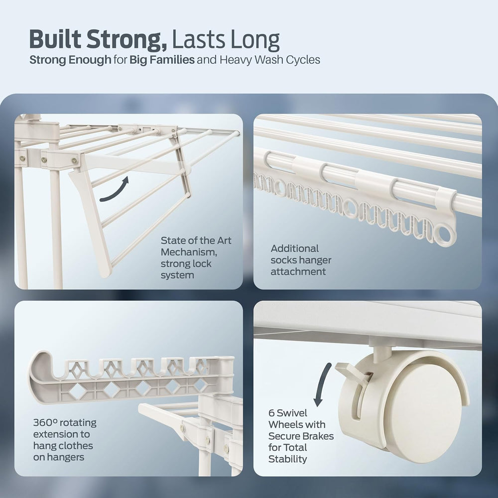 PORTENTUM Clothes airer drying rack with 4 tiers and 24 drying bars – Up to 4...