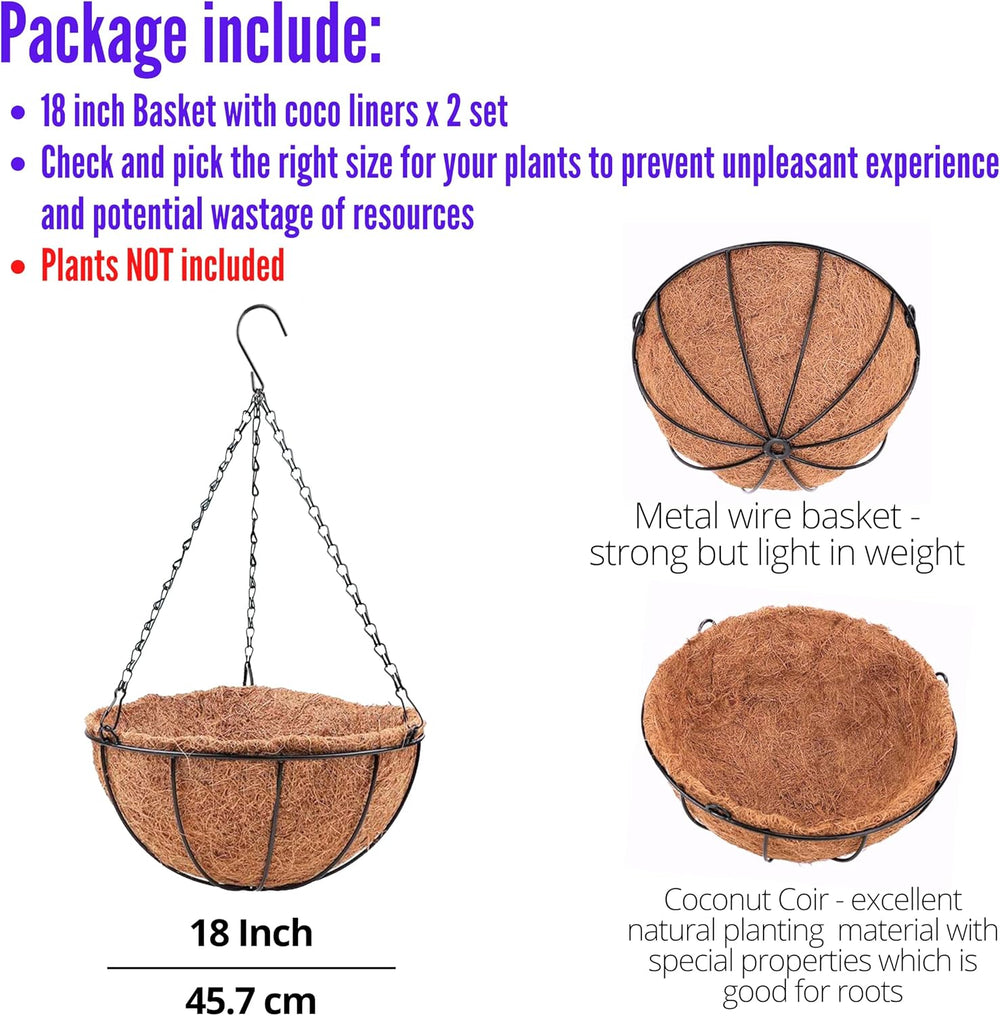 LaLaGreen Metal Hanging Baskets (18 in, 2 Pack) Black Coco Liner Planters
