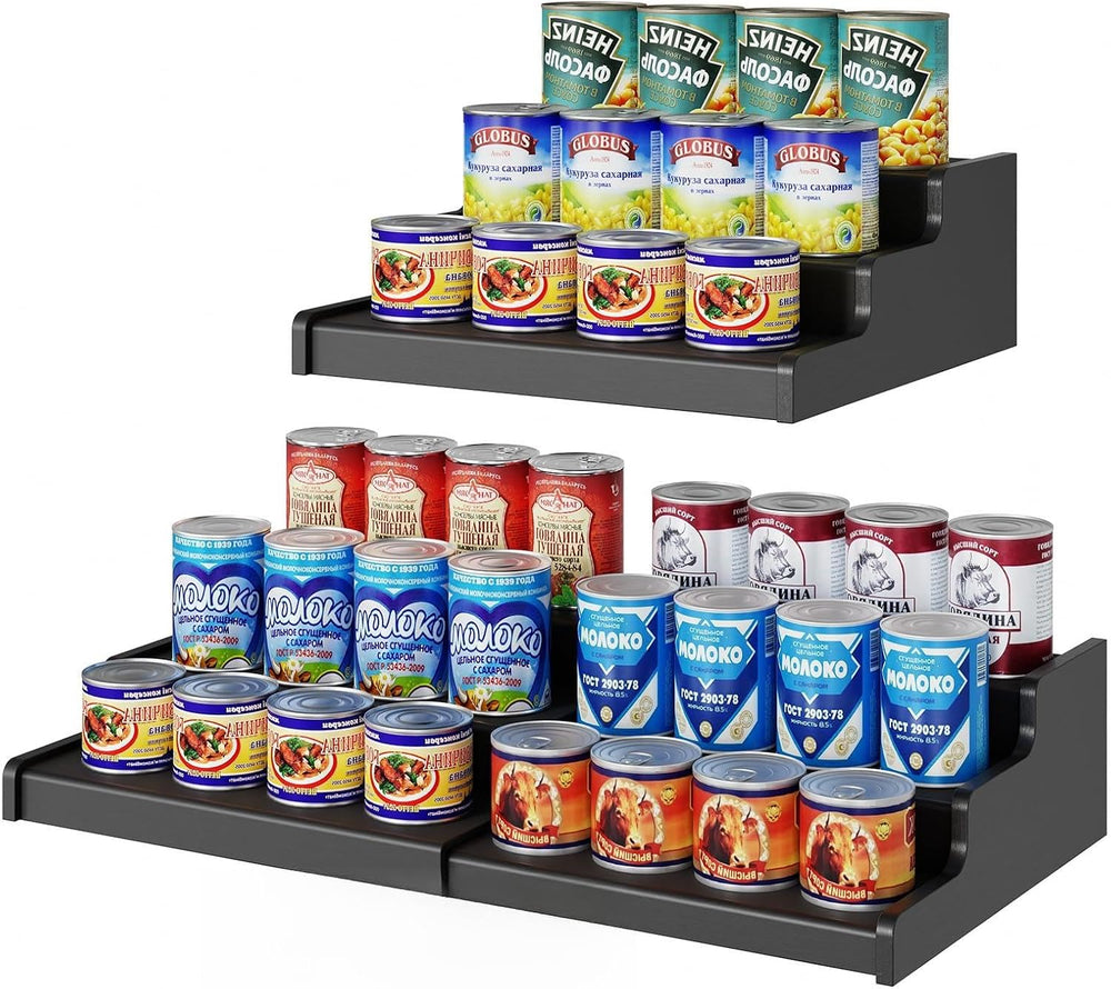 3-Tier Expandable Bamboo Can Organizer for Pantry, Holds 24 Cans, Black