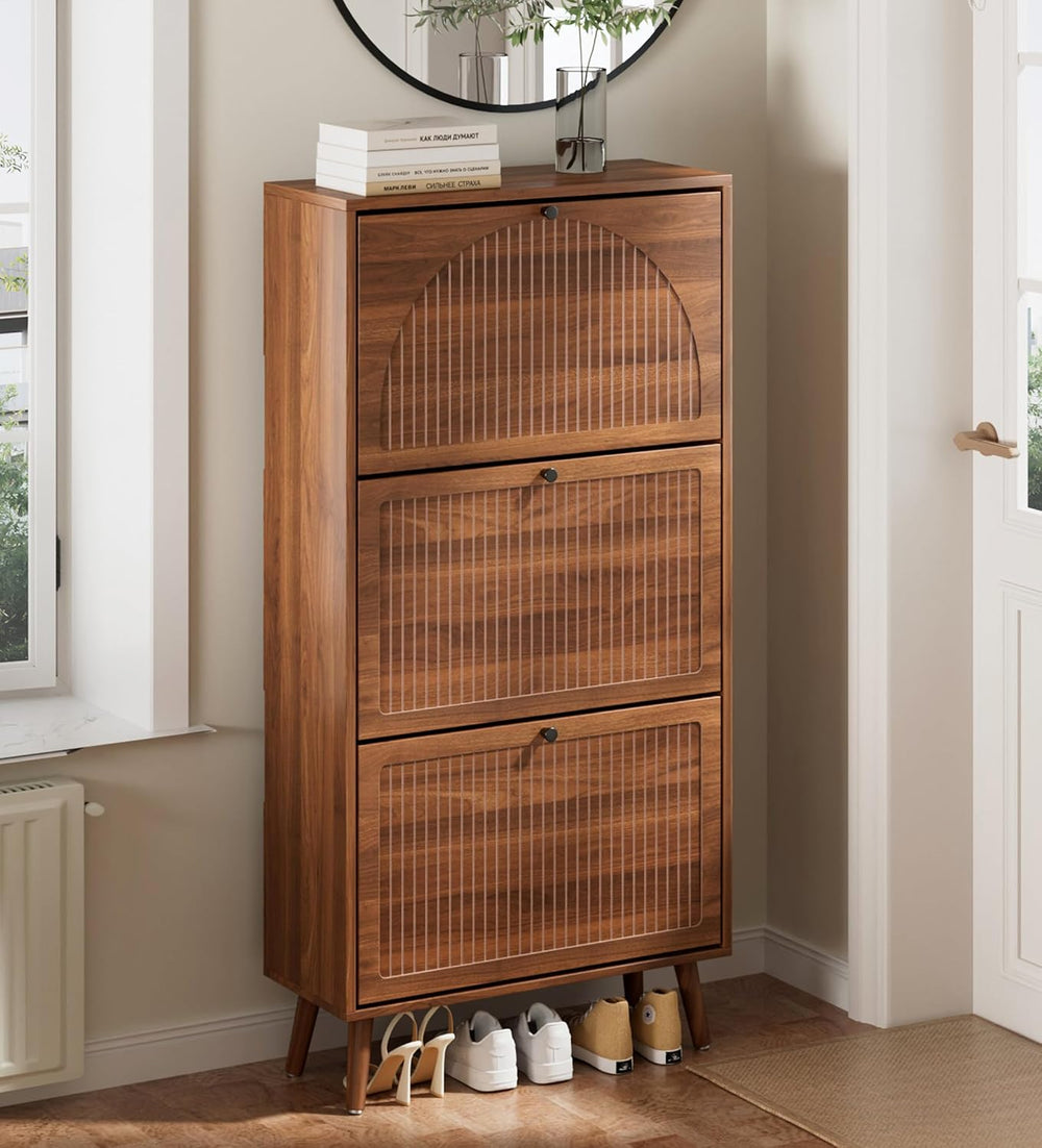 Fsbecl Shoe Storage Cabinet for Entryway with 3 Fluted Flip Drawers, Walnut