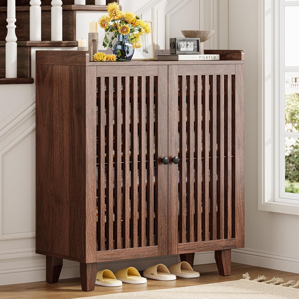 IRONCK Shoe Cabinet with Slatted Doors, 6-Tier Shoe Storage Cabinet, Walnut