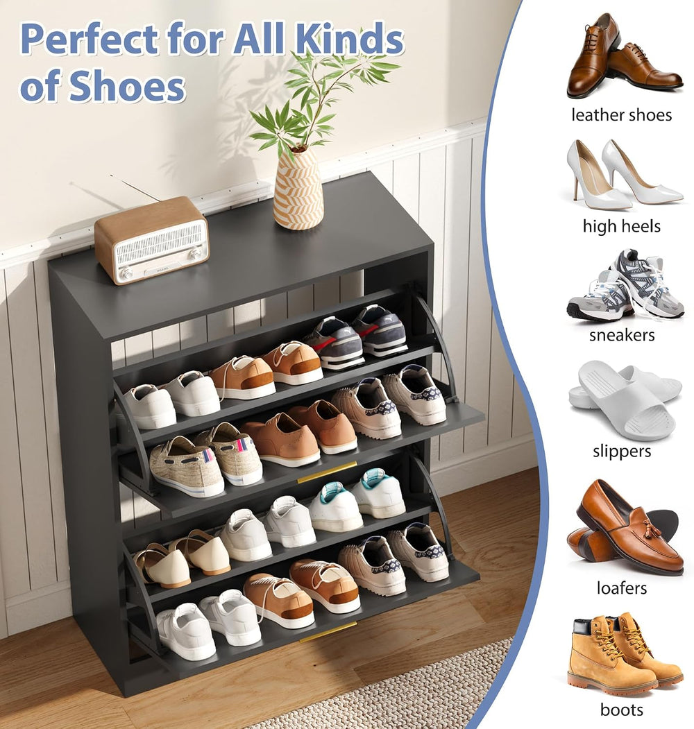 Shoe Cabinet Storage with 2 Flip Drawers and Closed Base, Black丨Hidden Shoe O...