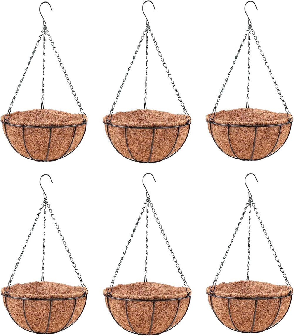 LaLaGreen Large Hanging Baskets (16 in, 6 Pack) Black Metal Coco Liner Pots