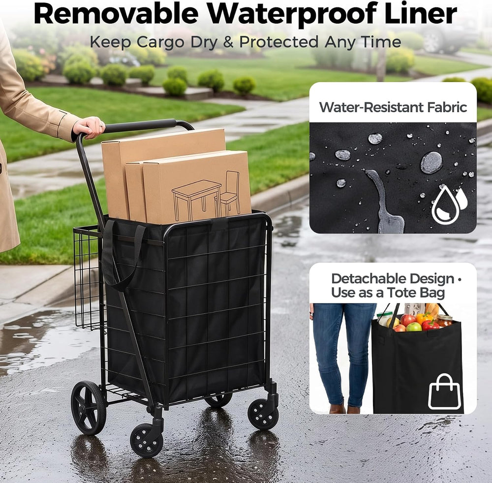 Foldable Shopping Utility Cart Portable Grocery Cart with 360° Whees Double W...