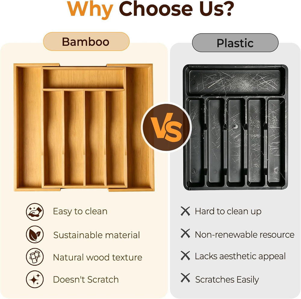 Expandable Bamboo Kitchen Drawer Organizer for Cutlery and Utensils, Adjustab...