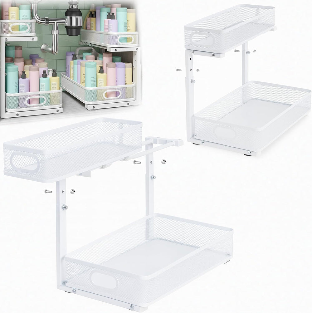 2 Pack Under Sink Organizer, Dual-Layer Pull Out Mesh Cabinet Rack with 5-Lev...