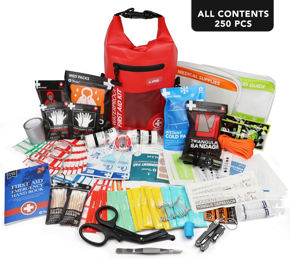 250 PCS IPX6-Waterproof First Aid Kit, Roll Top Reflective Boat Safety Bag