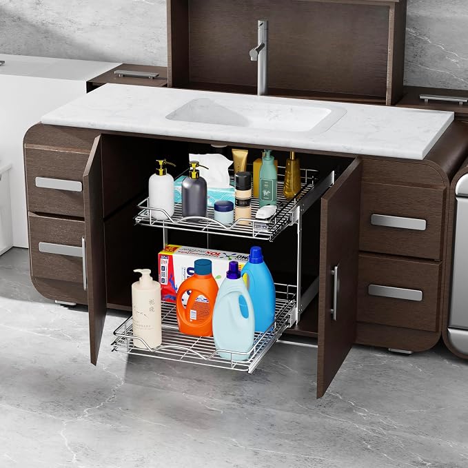 HOLDN’ STORAGE Two Tier Pull Out Cabinet Organizer, Individual Sliding Drawers