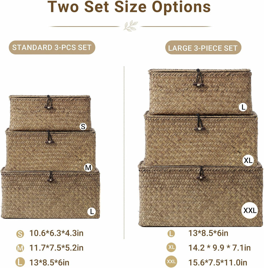 Nonam Wicker Storage Basket with Lid,Seagrass Shelf Basket Set of 3,Coffee