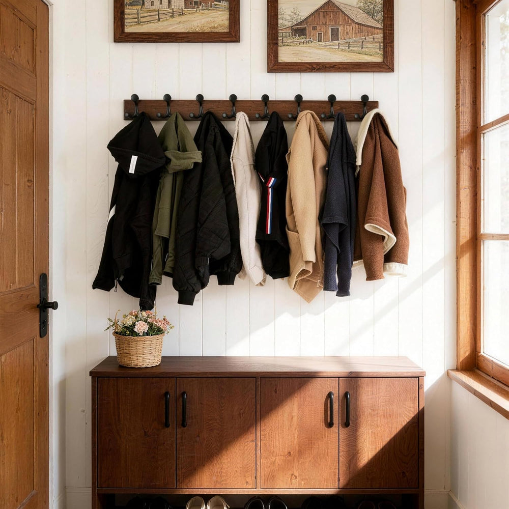 SKOLOO 43-Inch Wood Burnt Coat Rack Wall Mount with 8 Triple Hooks - Ideal fo...