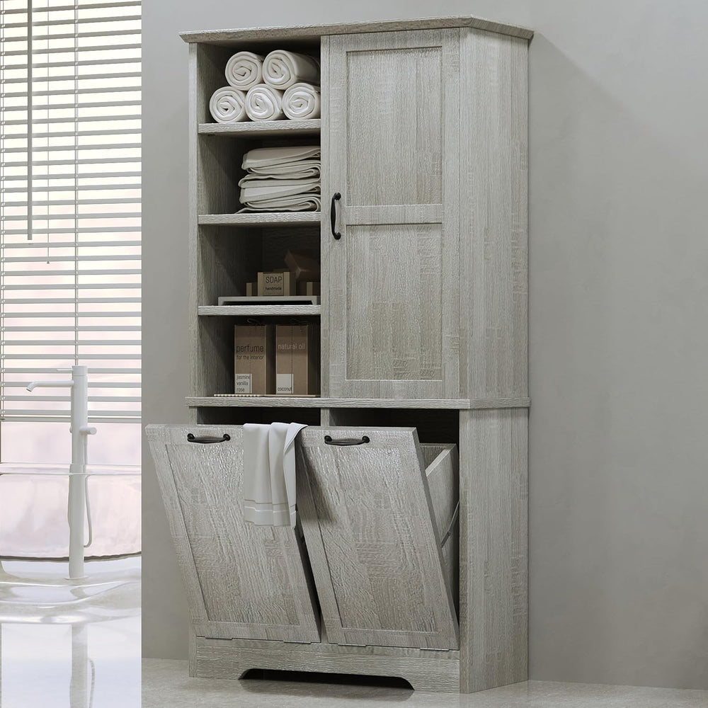 Merax Cabinet with Tilt-Out Laundry Hamper Basket, Tall Bathroom Storage Orga...