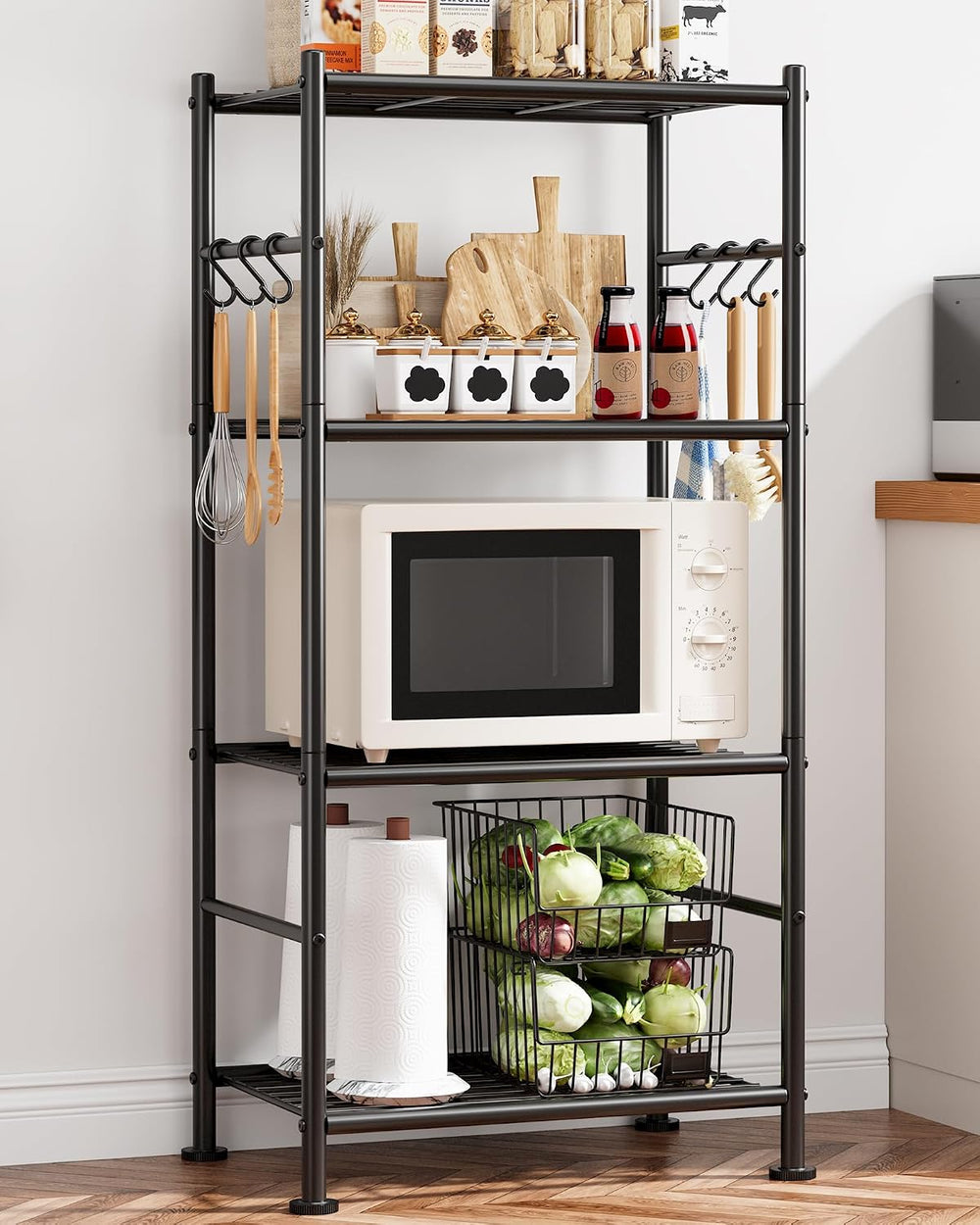 4-Tier Storage Shelves with Hooks, 18.1" x 12.4" x 43.7", Black