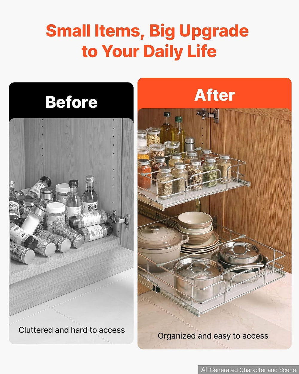 VEVOR 2 Tier Pull Out Cabinet Organizer 16.97"W x 21.22"D Slide Out...