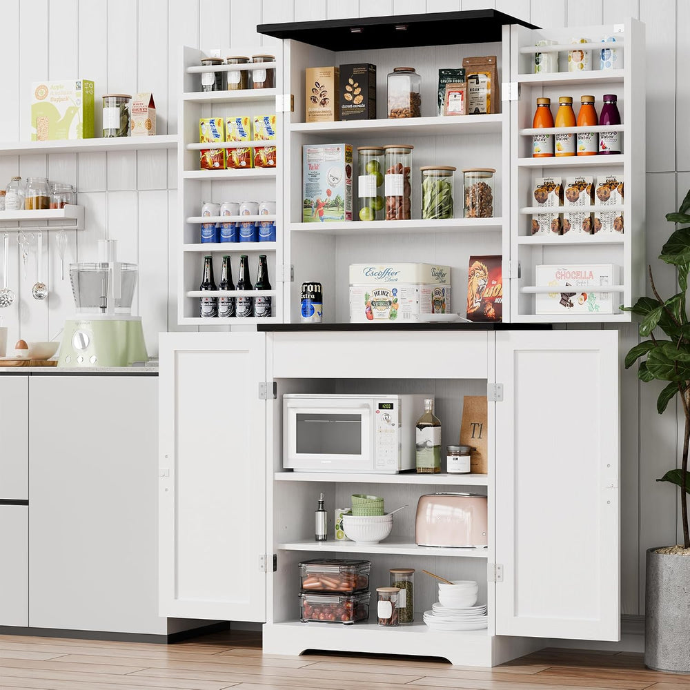 Vongrasig Kitchen Pantry Storage Cabinet with Barn Doors, Drawer & Shelves