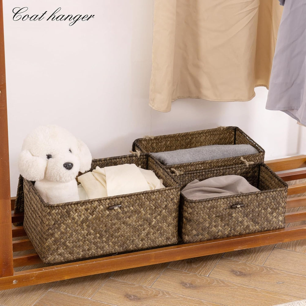 Nonam Wicker Storage Basket with Lid,Seagrass Shelf Basket Set of 3,Coffee